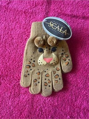 Scala Kids Tan Leopard Face Pom-Pom Mittens